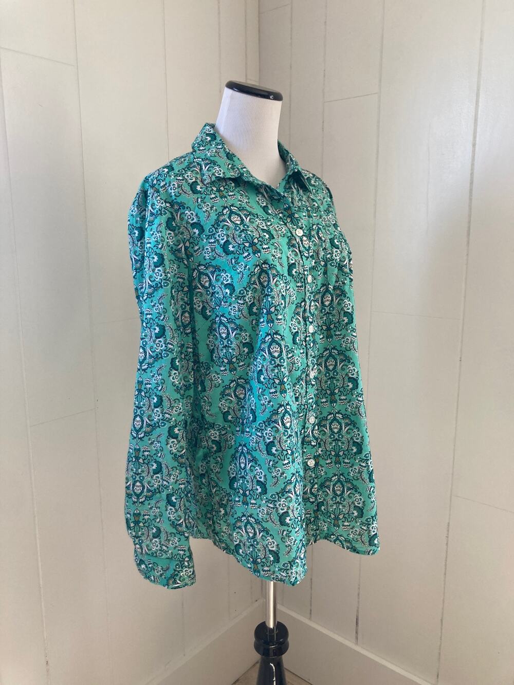 Kim Rogers Green Floral Buttondown Shirt, Size S